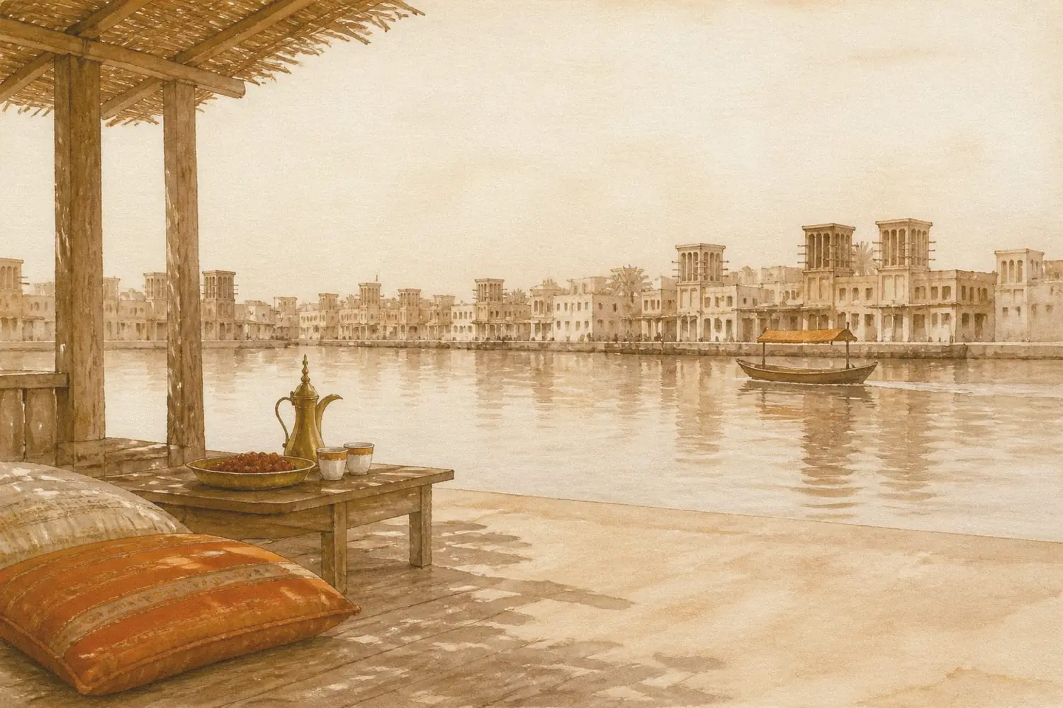 Painted postcard: a majlis veranda by calm creek water, a brass tray with dates, an abra crossing