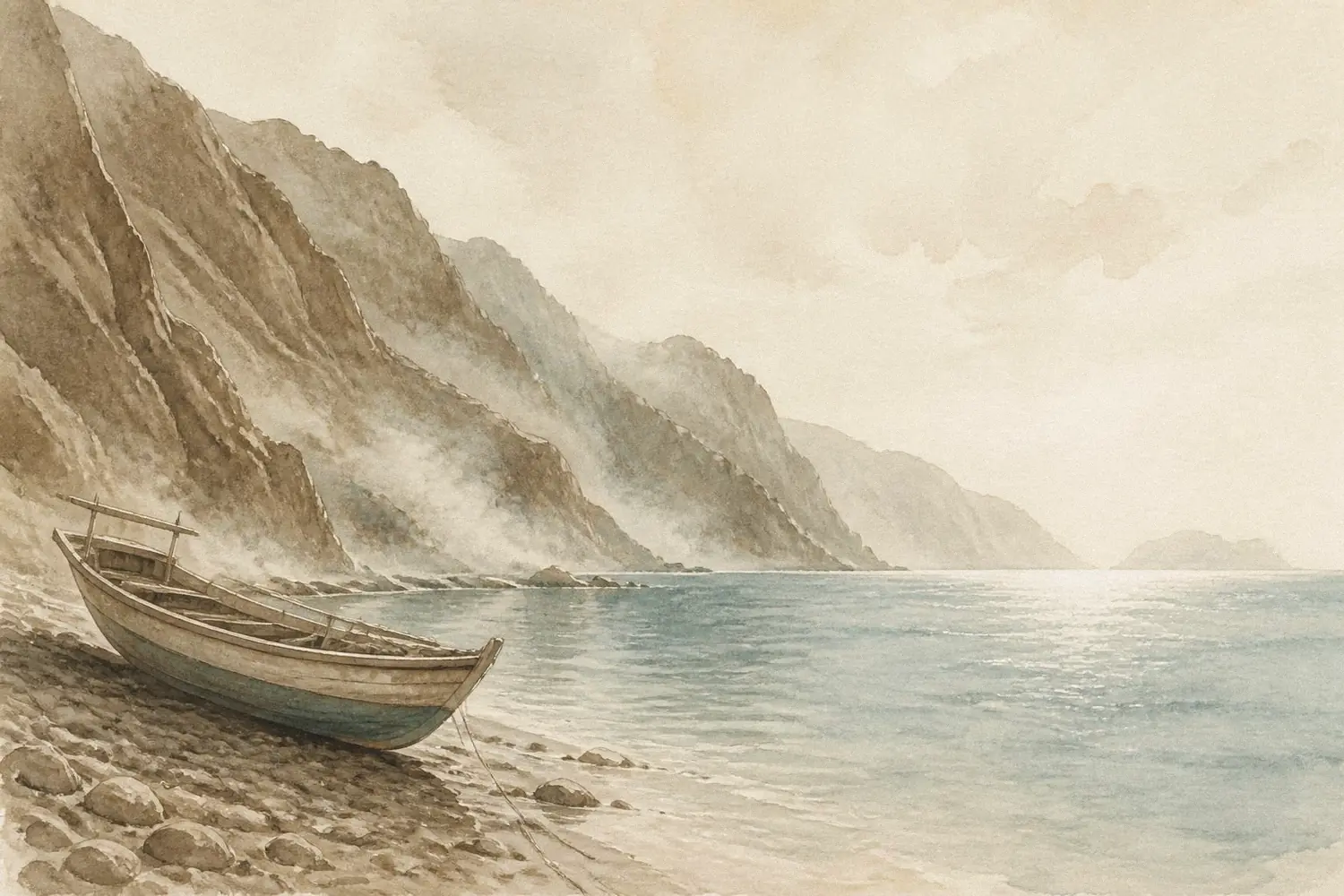 Painted postcard: grey mountains falling into a calm silver sea, a fishing boat on pebbles