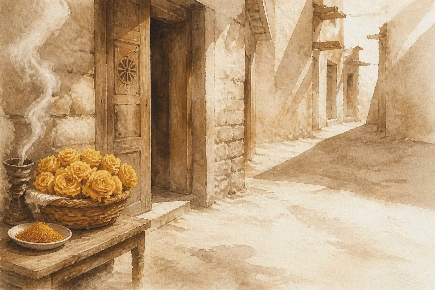 Painted postcard: noon in a shaded coral-stone souq lane, a carved door ajar, roses in a basket, a thread of incense