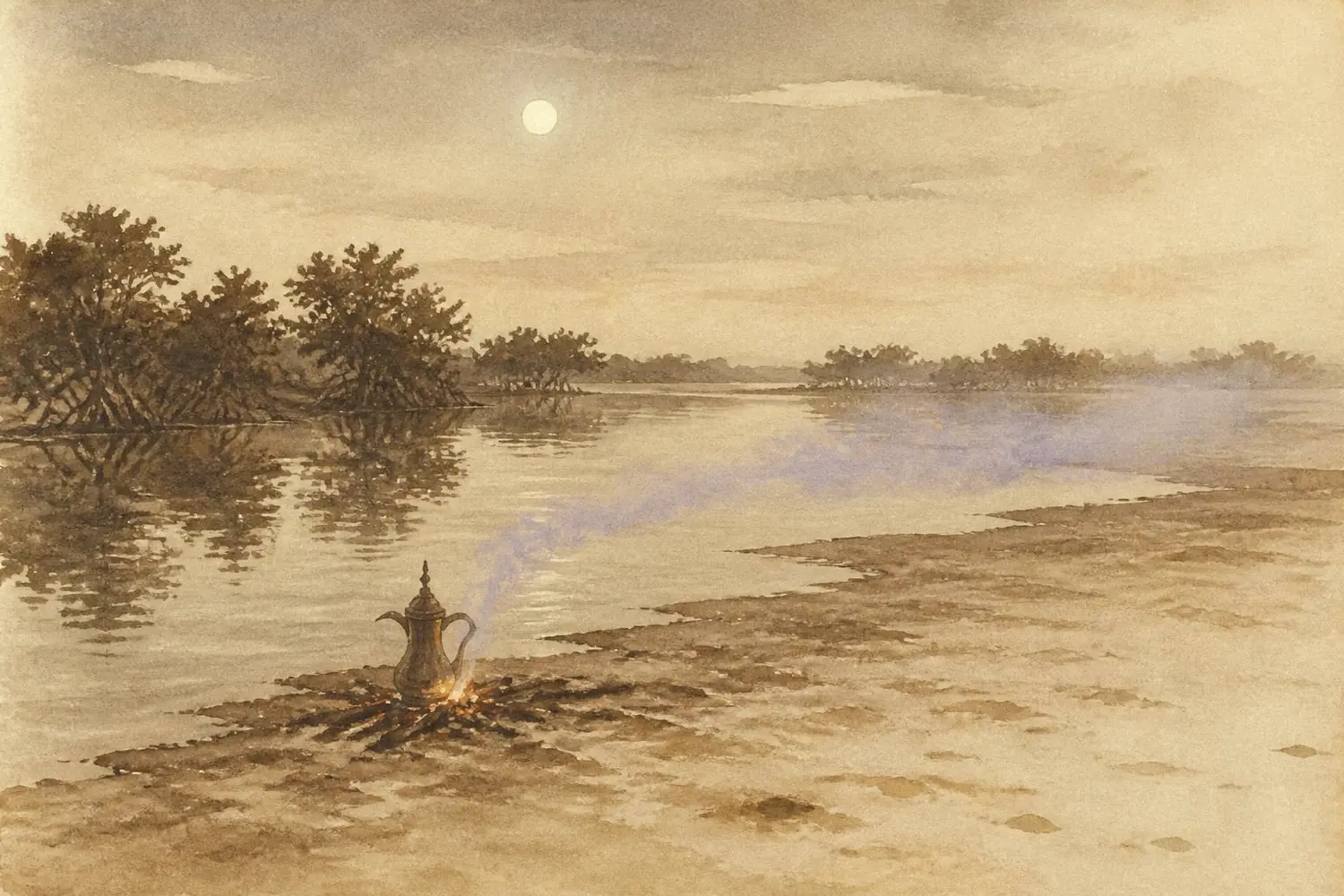 Painted postcard: a still mangrove lagoon under a pale moon, a small fire with a dallah, a ribbon of smoke