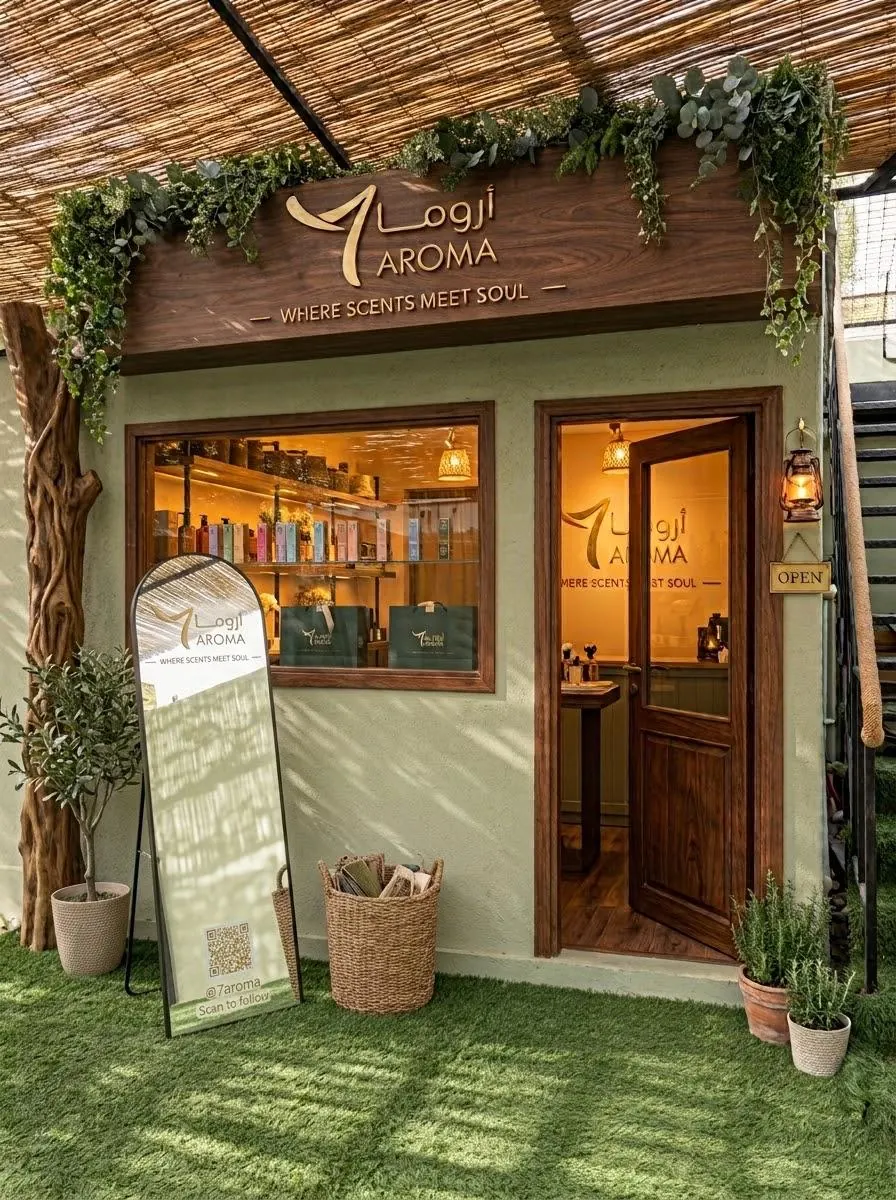 Photograph: the 7 AROMA shop front in Abu Dhabi, sage plaster, a reed canopy, an old brass lantern and an OPEN sign